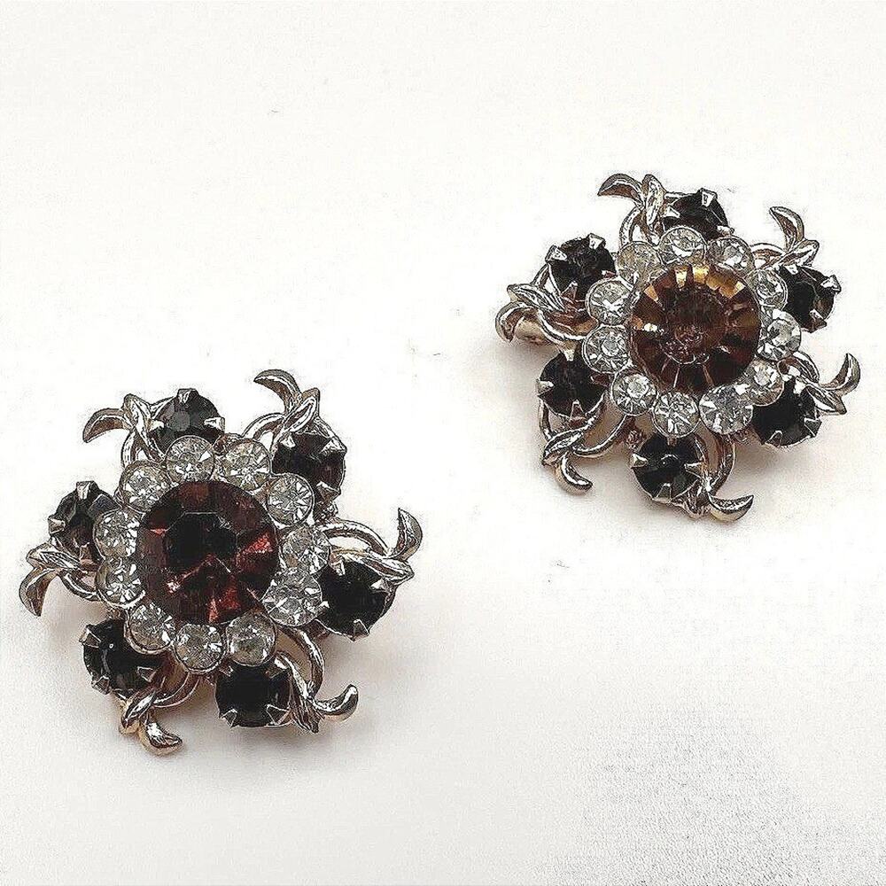 Vintage 90s Gold Tone Floral Pin Brooch Set Amber & Rhinestone Women's Jewelry